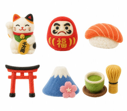 Felt Style Japanese Culture Icons Set with Maneki Neko Daruma Sushi Torii Mount Fuji Matcha and Chasen Isolated on White