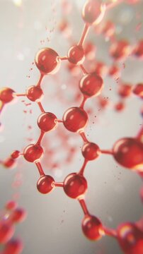 3D vertical animation of a glowing red molecular structure floating in a scientific environment, representing chemistry, biotechnology, molecular research, medicine, and futuristic technology.