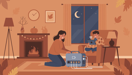 Fototapeta premium Woman uses a portable power station by a fireplace to charge devices while a child sits in a chair with a tablet during the autumn evening.