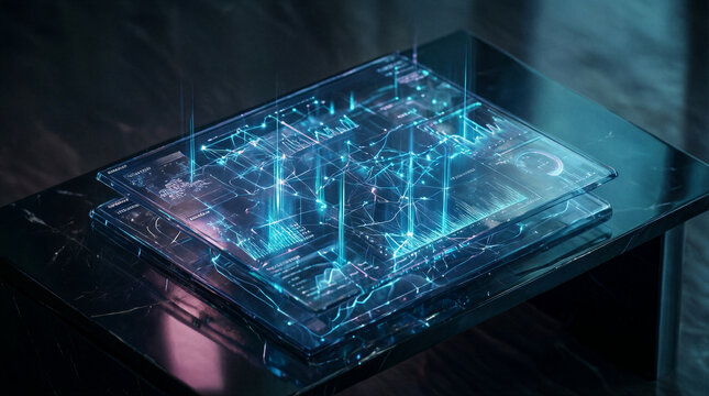 Digital interface showing complex scatter plots and neural pathways hovering above a polished reflective obsidian surface