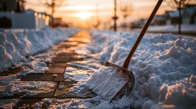Winter sunset with snow-covered walkway and shovel removing fresh snow from brick path during cold weather cleanup activity outside