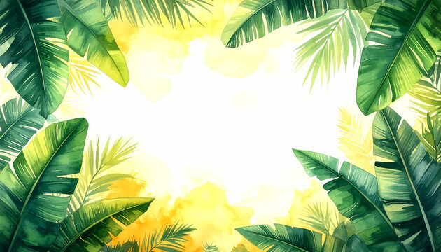 Vibrant watercolor tropical leaves frame featuring green banana and palm fronds on a yellow background with copy space.