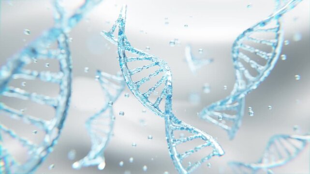 3D animation of blue DNA helices floating in a clean scientific environment, representing genetics, biotechnology, molecular biology, medical research, healthcare, and science.