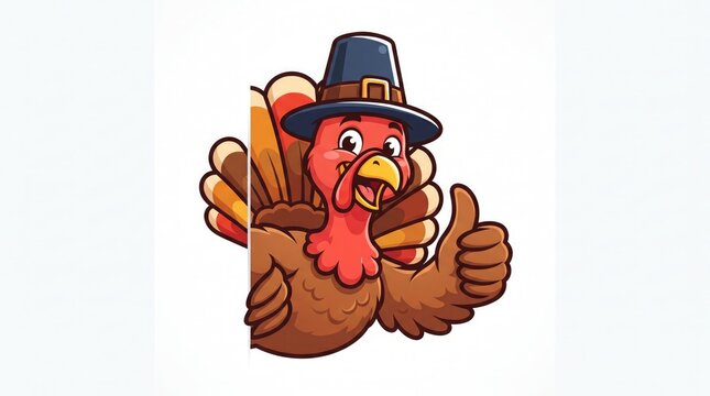 A cute cartoon turkey wearing a pilgrim hat giving a thumbs up gesture for thanksgiving celebration