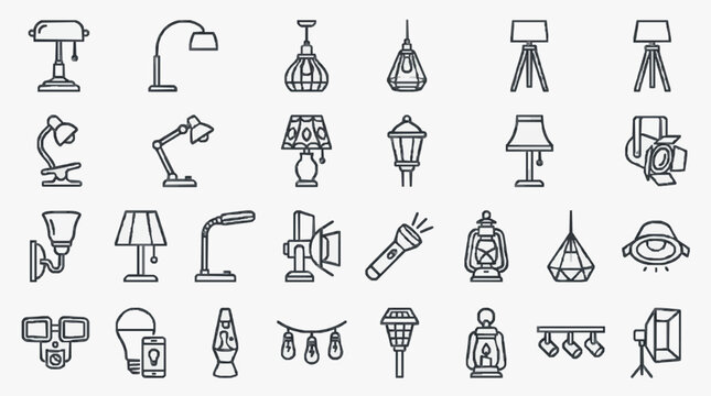 Dynamic Black and White Line Drawing Collection of Diverse Lighting Fixtures and Illumination Devices