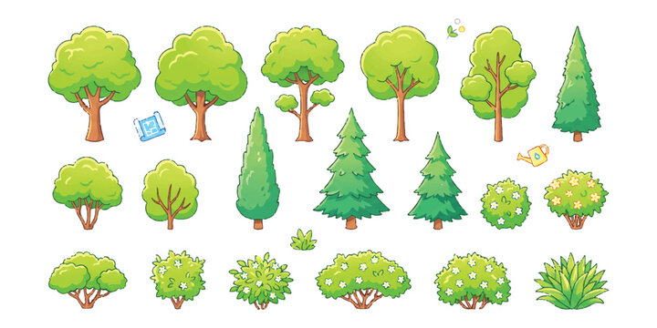 Set of cartoon trees and bushes with green leaves in a flat vector style