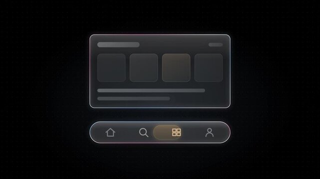 Dynamic glass user interface showcasing a sleek tab switch with ethereal rim colors in azure and rose, glowing amber accents, and a translucent panel effect against a dark background.