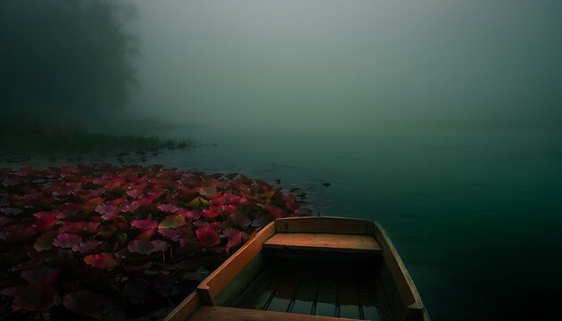 An empty wooden rowboat on a tranquil foggy lake with vibrant autumn leaves lining the mysterious shore evoking solitude and peace