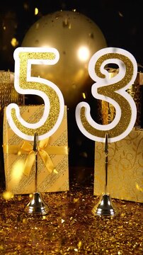 Gold Number 53 with Gold Glitter Confetti Sparkles with Gifts and Balloons for Party Fifty Three Vertical