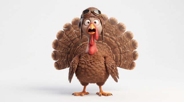 A funny cartoon turkey character wearing an aviator hat and goggles standing on a plain white background
