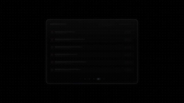 Elegant glass UI pagination interface featuring a sleek design with soft azure and rose rim accents, displaying six rows of content on a subtle black background with soothing animations.