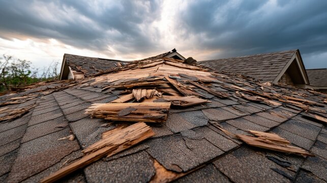 Damaged roof with broken wooden shingles and deteriorating shingles on residential house under cloudy stormy sky showing weather impact and roof repair need