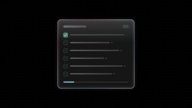 Sleek glass-inspired checklist user interface with soft glowing elements in azure, rose, and teal colors, featuring six items with checkmarks against a black background, ideal for modern app design.