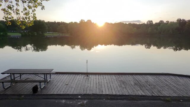 Drone shot of Schrock Lake at sunset in Sharon Woods in Westerville, Ohio