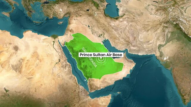 Animated map shows Saudi Arabia and the Prince Sultan Air Base location footage