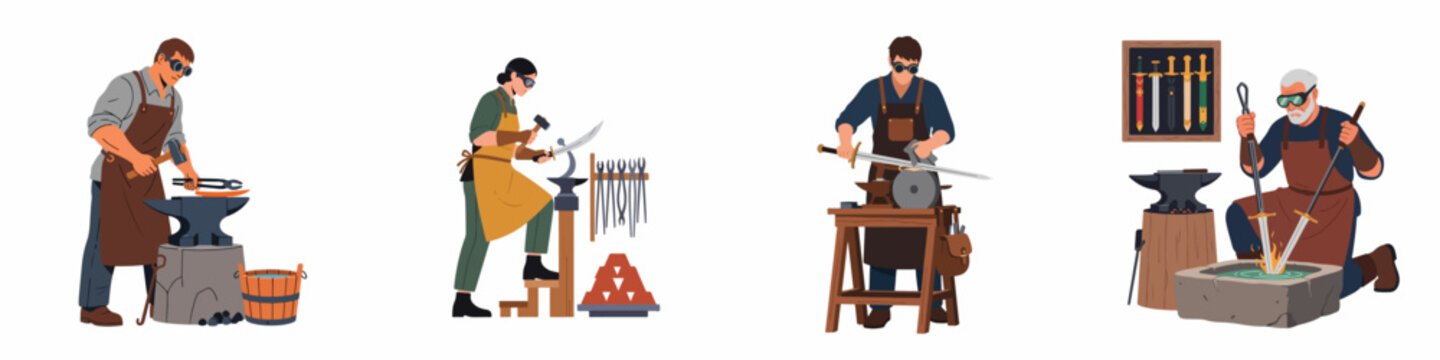 Flat vector illustrations of blacksmiths forging, shaping, and sharpening swords in a workshop using traditional tools and protective gear on a white background.