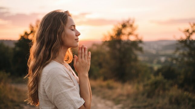 A serene woman with long hair praying with hands together in a peaceful outdoor nature setting at sunset