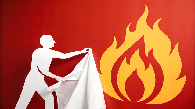 Paper cutout man revealing fire symbol. Silhouette character uncovering a flame icon.