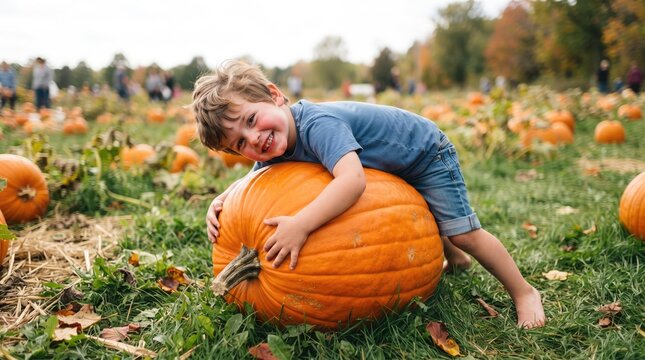 A happy young boy hugging a large orange pumpkin in a field during the autumn harvest season