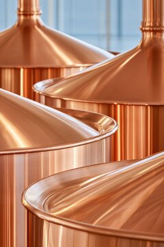 Close up of polished copper brewing kettles reflecting warm light