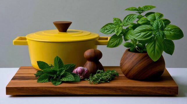 A vibrant yellow pot sits with fresh herbs and a potted plant on a wooden board.