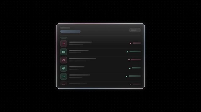 Sleek glass user interface showcasing transaction details with a modern aesthetic, featuring a black background, transparent panel, and colorful indicators for credit and debit transactions.