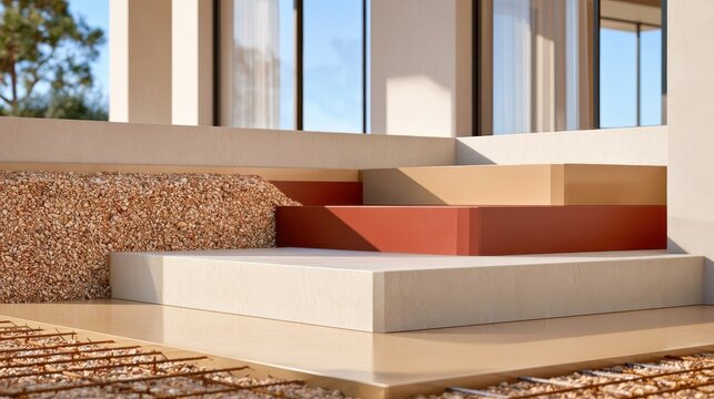 Cross section view of building foundation with layered gravel and concrete