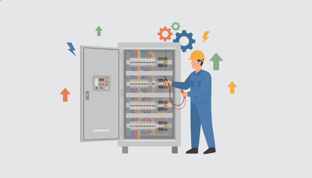 Electrician in a hard hat using testing equipment to check the circuits inside an industrial power distribution control panel.