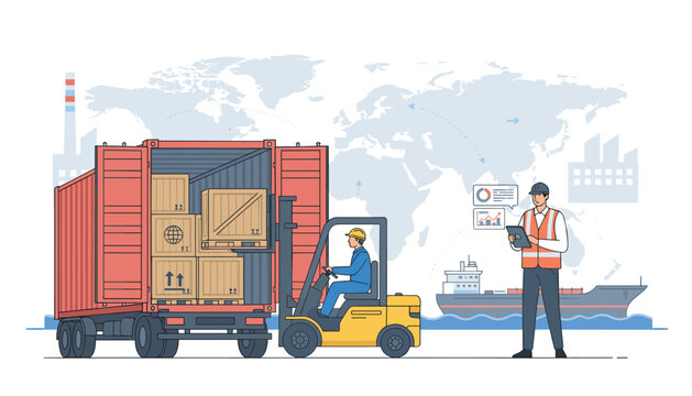Warehouse worker uses digital tablet to manage logistics as forklift operator loads wooden crate into red shipping container at shipping dock.
