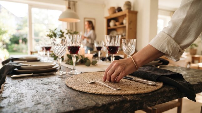 A person setting a rustic wooden dining table for a dinner party in a bright home kitchen