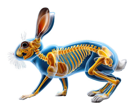 Rabbit Anatomy Unveiled: A transparent blue rabbit showcases its intricate skeletal structure and internal organs in a detailed scientific illustration, offering a unique look into its biology.