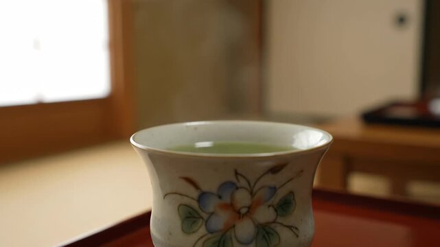 Tea in a Chinese patterned teacup, close-up of green tea in a Japanese teahouse