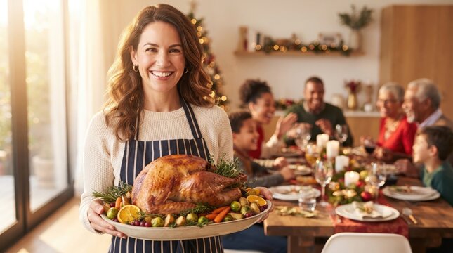 Smiling woman holding a roasted turkey for a festive family dinner celebration at home with guests