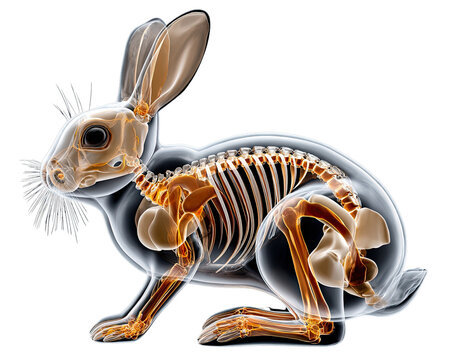 Rabbit Skeleton Anatomy: A transparent X-ray view of a rabbit showcases its delicate skeletal structure, revealing the intricate framework of bones and joints.
