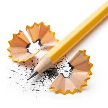 Yellow sharpened pencil with wood shavings and graphite dust scattered around