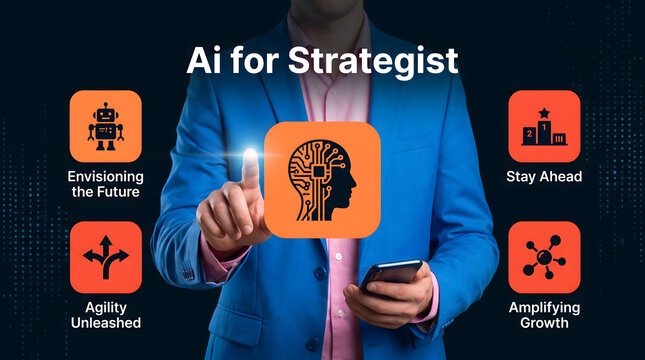 Businessman utilizing artificial intelligence strategy concept with digital interface icons