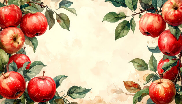 Watercolor illustration of ripe red apples on leafy branches forming a frame around a central copy space on a textured beige background.