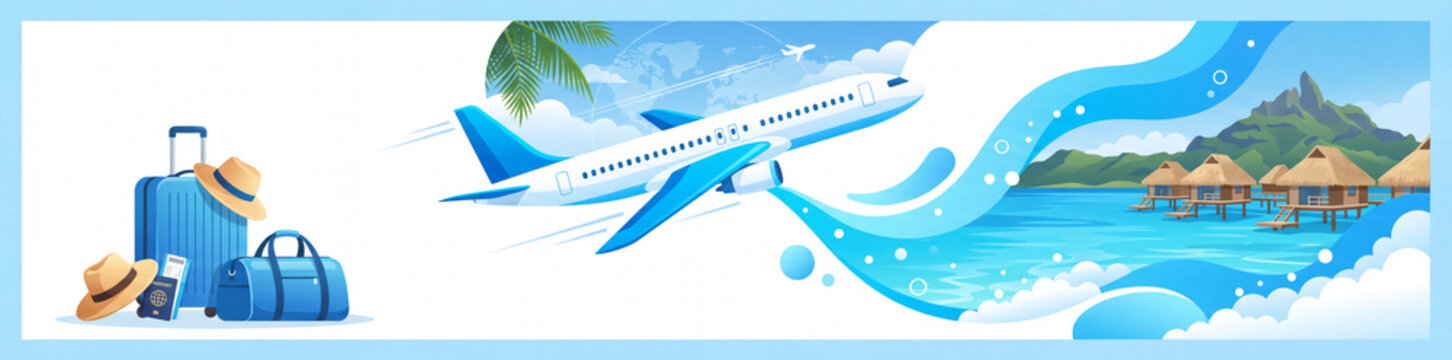 Tropical summer vacation travel banner background with airplane flying over island resort, luggage, passport, and blue ocean waves