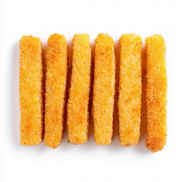 Fried Breaded Fish Sticks Row Isolated on White