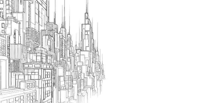 Black and white line art drawing of a modern city skyline with tall skyscrapers and buildings