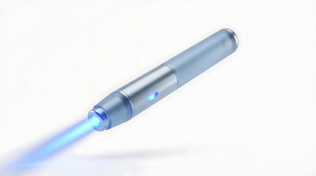 Blue medical laser pen device emitting light beam.