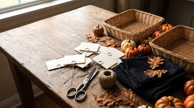 Autumnal crafting preparation for Halloween decorations on a rustic wooden table with ample copy space for seasonal text.