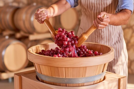 Traditional grape pressing in wooden basket with juice flowing