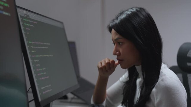 Asian woman developer with hand on chin thinking and analyzing source code on monitor, considering solution and making technical decision at workstation at night