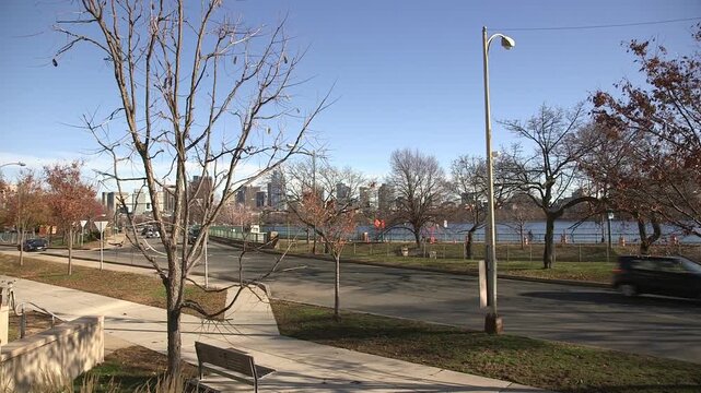 View across Memorial Drive in Cambridge, Massachusetts, looking toward the Boston skyline across the Charles River on a clear winter day.