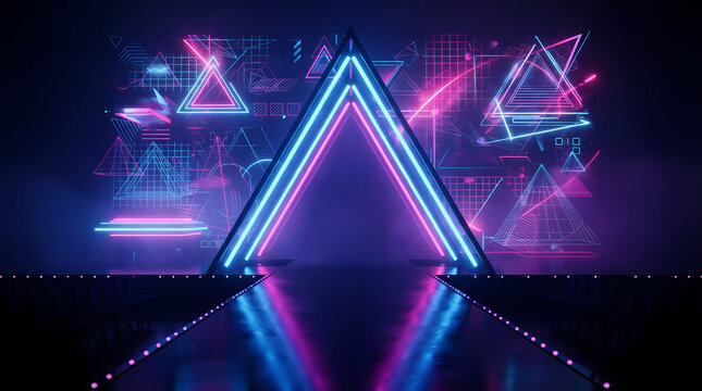 3d render, blue pink neon triangular frame, triangle shape, empty space, ultraviolet light, 80's retro style, fashion show stage