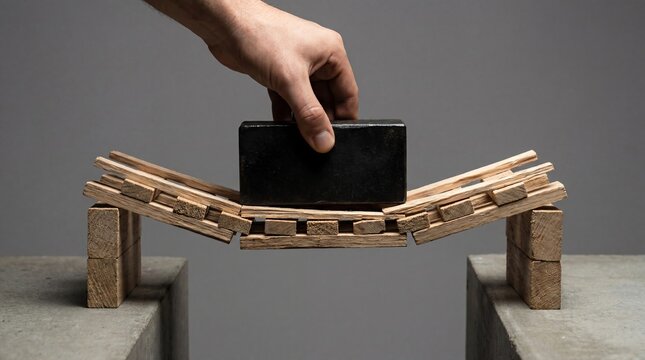 Hand placing weight on precarious wooden block bridge, stress test