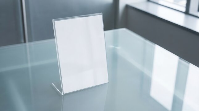 A blank white flyer mockup displayed inside a clear acrylic stand on a smooth reflective office desk.