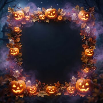 Square Halloween Frame of Jack O Lanterns Autumn Leaves and Friendly Ghosts