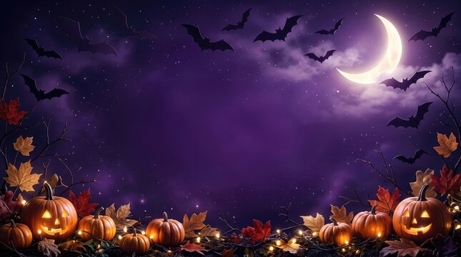 Spooky Night Background with Crescent Moon Fairy Lights and Halloween Pumpkins